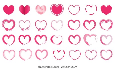 Heat shape collection set in different design style such as grungy paint brush strokes, gradient, arrows and line strokes all in pink color for valentines day banner, poster, advertisement and more.