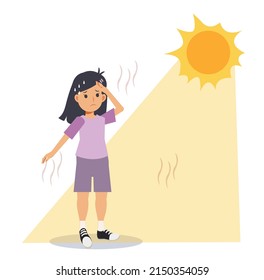 heat stroke concept.Sunstroke and sunburn risk little girl under burning sun. High temperature ,Hot weather.Summer