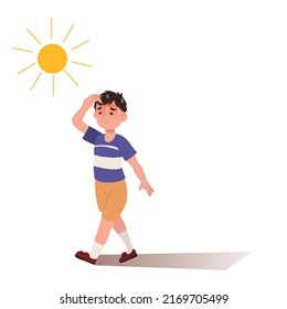 heat stroke concept.Sunstroke and sunburn risk little boy under burning sun. High temperature ,Hot weather.Summer