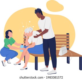 Heat stroke in elderly 2D vector isolated illustration. Older adult suffering from overheating and dizziness flat characters on cartoon background. Providing first aid for sunstroke colourful scene