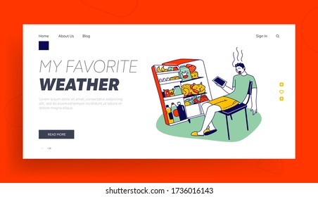 Heat Stroke, Extremal Heating Landing Page Template. Male Character Sweating Sitting at Home with Open Refrigerator Suffering of High Temperature at Summer Time Hot Period. Linear Vector Illustration