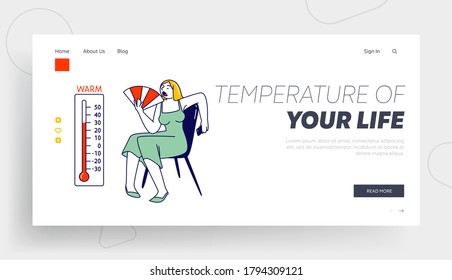 Heat Stroke, Extremal Heating Landing Page Template. Female Character with Fan Sweating Sit at Home Suffering of High Uncomfortable Temperature at Summer Time Hot Period. Linear Vector Illustration