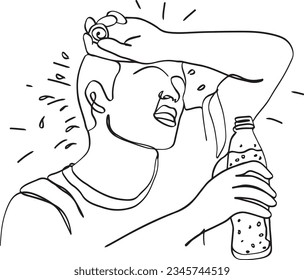 Heat Stroke Illustrated Exhausted Athlete holding Water Bottle, Hand-Drawn Cartoon Tired Sportsman Battling Heat with Water, Sweating Athlete's cartoon holiding cold drink bottle.