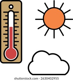Heat stroke image, thermometer, sun, cloudy icon.