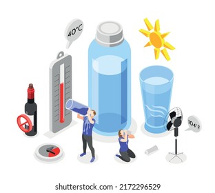 Heat Stroke Isometric Composition With Set Of Water Containers Sun Alcohol Prohibition Sign Thermometer And People Vector Illustration