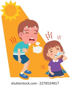 Heat stroke kid boy and girl vector illustration