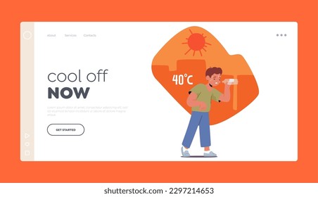 Heat Stroke Landing Page Template. Dehydrated And Dizzy Little Boy Character Collapsed From Heat Stroke While Playing Outside On A Hot Summer Day. Child Drink Water. Cartoon People Vector Illustration