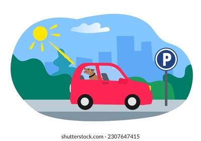 heat stroke locked  dog inside the parked car in the sun vector illustration 