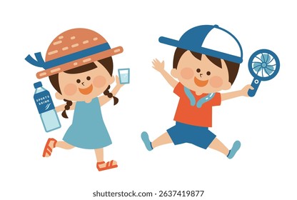 Heat stroke prevention: cute illustration set of children