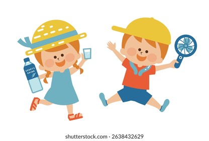 Heat stroke prevention: cute illustration set of children