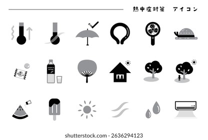 Heat stroke prevention icon set black. In Japanese, it says "Heat stroke prevention icon" and "Salt tablet".
