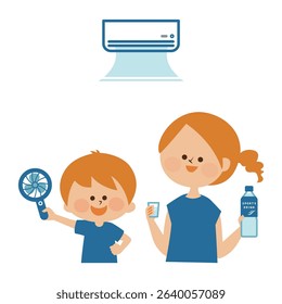 Heat stroke prevention parent and child indoor illustration