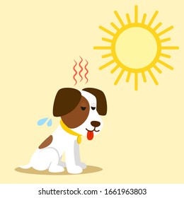 Heat stroke and summer sunstroke risk. The dog suffers from heat, overheats in the sun. Sunstroke in animals. Very hot weather. Vector illustration, flat design, cartoon style, isolated background.