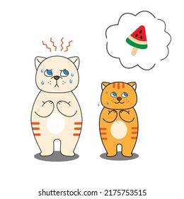 Heat stroke and summer sunstroke risk in very hot day. Cats are sick and susceptible to heat stroke and thinking and feeling want to eat Ice cream watermelon. Animal heatstroke concept. Vector illustr