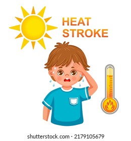 Heat stroke, sunstroke from hot summer sun icon. Tired sweat boy with heatstroke, headache, feel thirsty, dizziness on warm sunny day. Thermal overheating at high temperature under sunlight. Vector