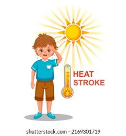 Golpe de calor o insolación al sol caliente del verano. Dulce mojado con insolación. Deshidratación de riesgo a alta temperatura en el día de calor soleado. Sobrecalentamiento bajo la luz del sol. Prevención de quemaduras solares, mareos. Vector