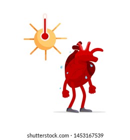 Heat stroke symptoms and prevention. Cartoon human heart organ feels bad, sweats heat. Health problems and heart disease