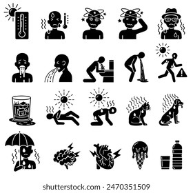 Heat stroke symptoms symbol icons set