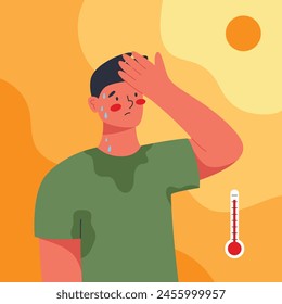 Heat stroke symptoms. Unbearable hot summer. Young man suffering from heat. Flat vector illustration of summer heat wave