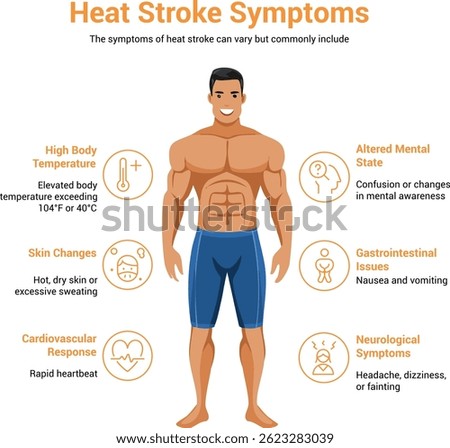Heat Stroke Symptoms: A visual guide illustrating the various symptoms of heat stroke, including elevated body temperature, skin changes, cardiovascular responses, altered mental state.