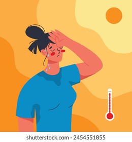 Heat stroke symptoms. Young woman suffering from  unbearable hot summer. Flat vector illustration of summer heat wave