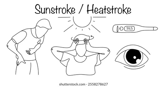 Heat stroke, which occurs due to prolonged exposure to direct sunlight on the head and neck. Drawn main symptoms of heatstroke and sunstroke. Simple line illustration on a white background.