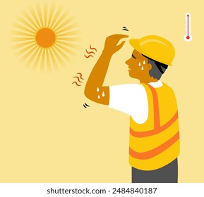 Heat stroke worker and high temperature symbol in flat vector illustration.