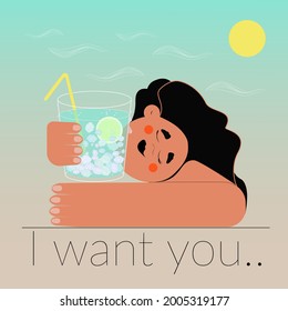 Heat. Summer. A girl on the beach, enjoying a cold cocktail. Conceptual design, for banners, postcards, T-shirts, mugs. Vector illustration. Background.