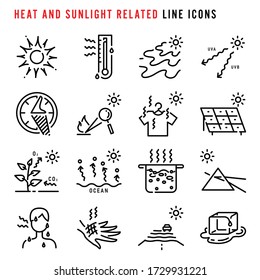 Heat and sunlight  related line icons, Pixel perfect heat and sunlight related line icons, Set of simple heat and sunlight related sign line icons, Cute cartoon line icons set, Vector illustration