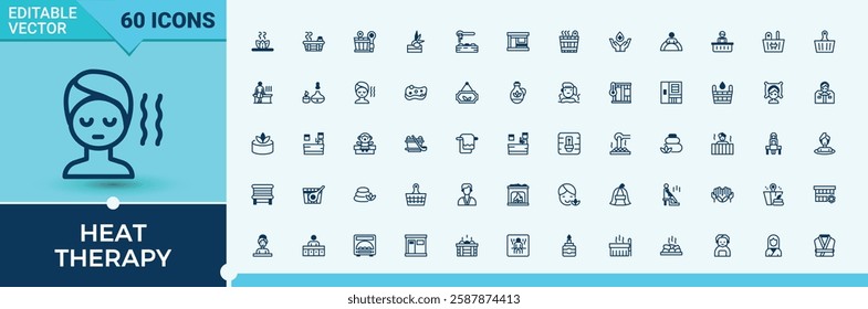 Heat Therapy minimal icon set. Pack of essential oil, massage spa, steam room, equipment, electric kettle, wellness and more. Simple icon designs. Solid line editable vector illustration.