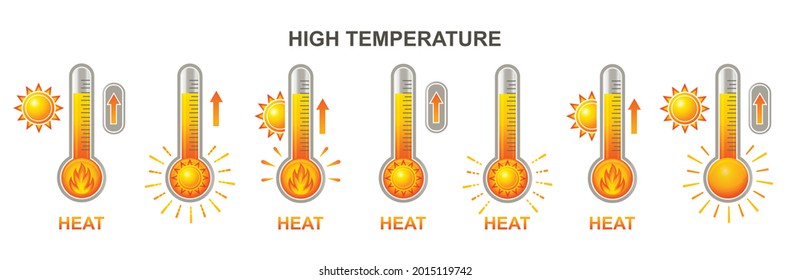 Heat Thermometer, Extreme High Hot Temperature Icon Set. Warm Weather In Summer, Overheating. Glass Measuring Tool With Fire Flame, Sun Symbol. Heater Equipment. Control Temp Gauge. Isolated Vector