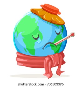 Heat Thermometer Ice Bag Ecology Sick Cold Sad Suffer Emotion Nature Earth Globe Character Icon Isolated Vector Illustration