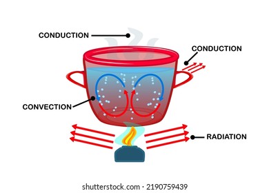 Heat transfer. Convection currents labeled diagram. Warm and cool molecules energy movement cycle scheme. Liquid substance convective heat transfer infographic.Boiling water in pot.Vector illustration svg