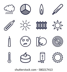 heat vector icons. Set of 16 heat outline icons such as sun, thermometer, no brightness, candle, brightness, geyser, flame, radiator, sweating emot
