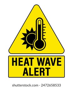 Heat wave alert. Yellow warning triangle sign with thermometer and sun. Text below.