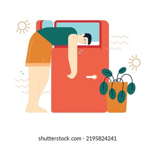 Heat wave. Characters suffering from heat. Global warming and abnormal temperature. Sweaty and exhausted person. Strong sunlight, hot summer day. Flat vector illustration