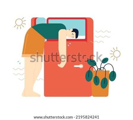 Heat wave. Characters suffering from heat. Global warming and abnormal temperature. Sweaty and exhausted person. Strong sunlight, hot summer day. Flat vector illustration
