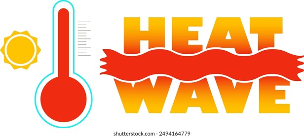 Heat wave illustration element. with sun, hot temperature scale on thermometer and wave in a text