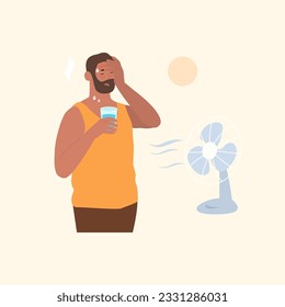 Heat wave. Man with glass of water and ventilator sweating and suffering from summer heat. Vector