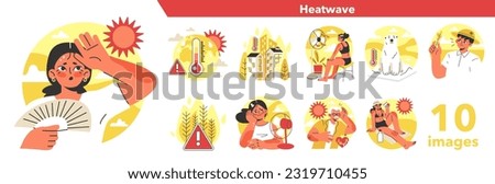 Heat wave set. Character suffering from heat. Climate change causing abnormal temperature problem. Strong sunlight, hot summer day. Flat vector illustration