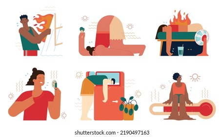 Heat wave set. Characters suffering from heat. Global warming and abnormal temperature. Sweaty and exhausted person. Strong sunlight, hot summer day. Flat vector illustration