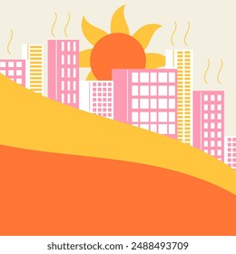 Advertencia de ola de calor para Anuncio de Plantilla de temperaturas calientes con espacio de copia. La ciudad de verano sufre de la Ilustración vectorial minimalista del calor