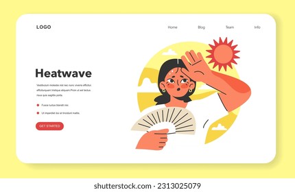 Heat wave web banner or landing page. Female character suffering from heat. Global warming and abnormal temperature. Sweaty and exhausted woman. Strong sunlight, hot day. Flat vector illustration