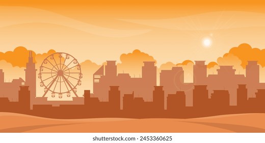 Heat waves with strong sunlight cover the city. Hot summer day, climate change conceptual vector illustration.