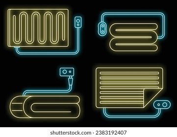 Heated blanket icon set. Outline set of heated blanket vector icons neon color on black