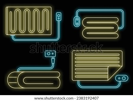 Heated blanket icon set. Outline set of heated blanket vector icons neon color on black