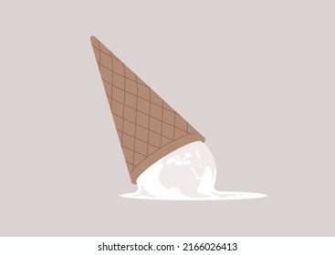 Heated Earth shaped as a dropped vanilla ice cream, a global warming concept