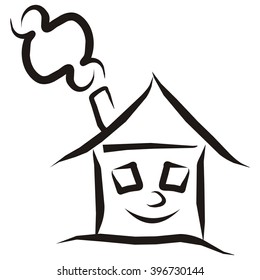 heated house, smiling building, black sketch, vector icon