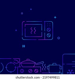 Heated microwave oven gradient line vector icon, simple illustration on a dark blue background, kitchenware related bottom border.