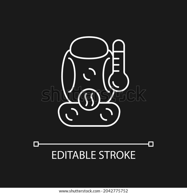 Heated seat with massage function white linear\
icon for dark theme. Warming up driver, passengers. Thin line\
customizable illustration. Isolated vector contour symbol for night\
mode. Editable stroke